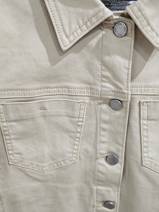 FDJ Cropped Denim Jacket M Beige Frayed Hem Stretch Button Front Casual Chic - Picture 5 of 15